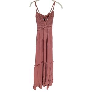 Hint of Blush‎ Sz S Mauve Boho Maxi Dress Tiered Crochet Lace Open Back Festival